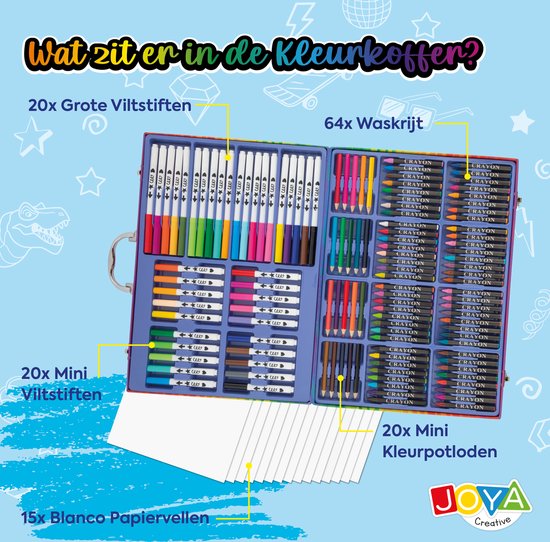 Tekendoos voor Kinderen 124pcs - Tekenset - Knutselpakketten - 15 tekenvellen - Stiften - Kleurpotloden - Waskrijt - Prachtige opbergkoffer - Joya Creative