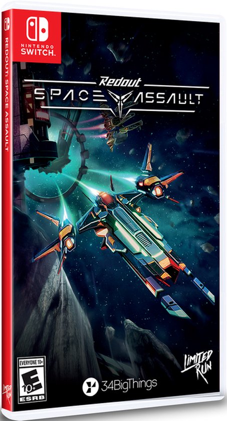 Nintendo Switch game Redout: Space Assault. Een ruimteschip voor een race op de voorgrond, met een planeet in de achtergrond.