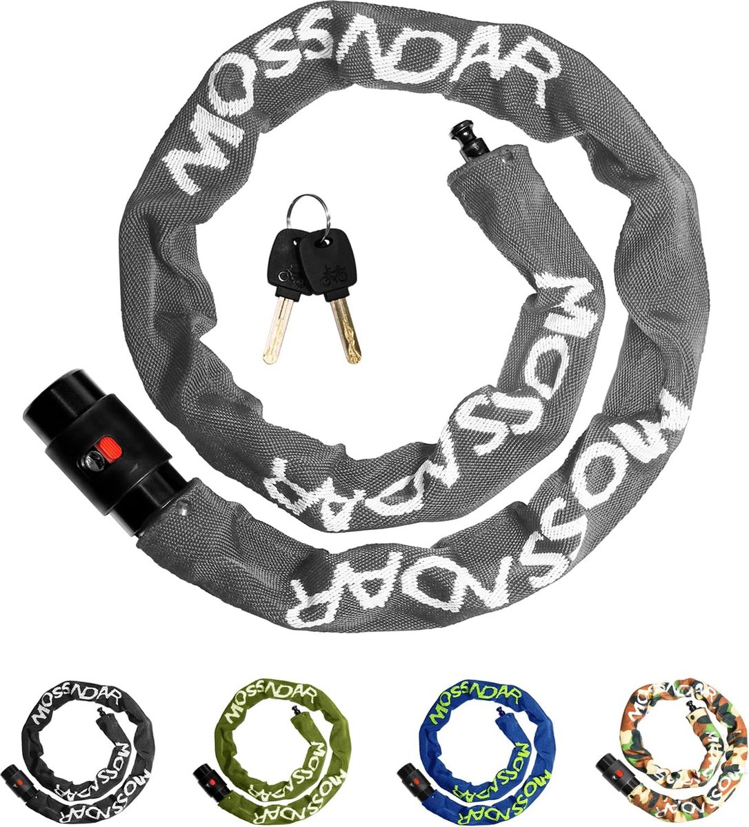 Fietsslot, hoge veiligheid, 8 mm, 1170 g, 99 cm, fietsslot met sleutel, kettinggleuf met 100% breipatroon, 360 graden draaibare fietsslotkop met waterdichte hoes (grijs)