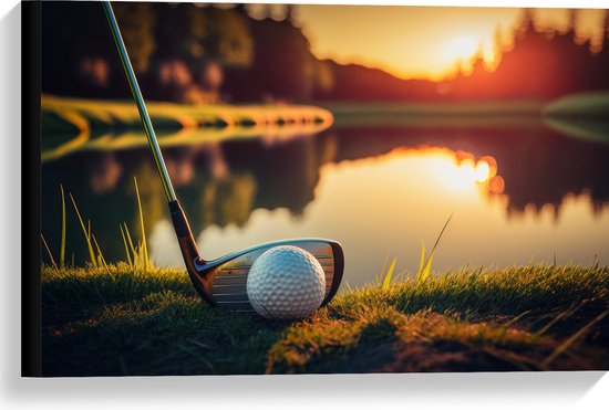 Canvas - Golf - Golfbal - Golfclub - Zonsondergang - Gras - Water - 60x40 cm Foto op Canvas Schilderij (Wanddecoratie op Canvas)