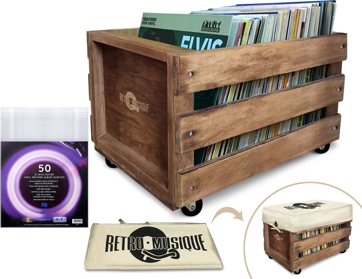 Caisse en bois de 12 po LP sur roues pour le stockage de vinyle - jusqu'à  100 LP