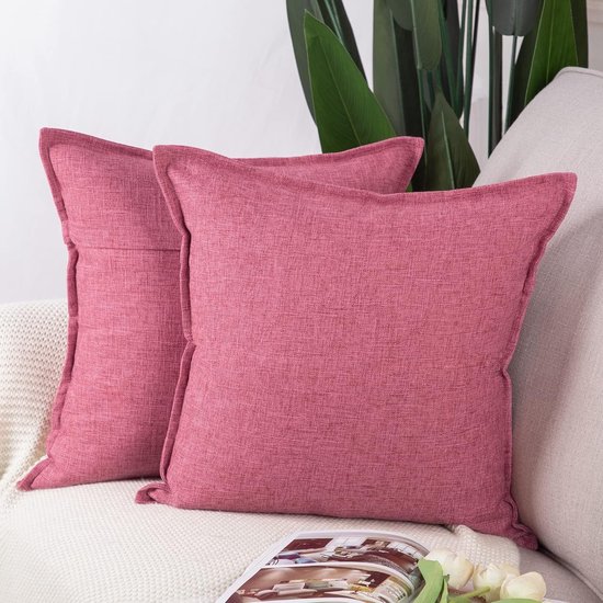 Set van 2 linnen kussenslopen, zachte decoratieve kussenslopen voor bank, slaapkamer, kussenovertrekken, roze, 40 x 40 cm, vierkant