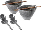 Bols à soupe de nouilles Fenêtres , 2 ensembles de bols à ramen en céramique avec baguettes, cuillère et repose-cuillère, vaisselle japonaise, bol à collation, ensemble de bols pour pâtes asiatiques, gris