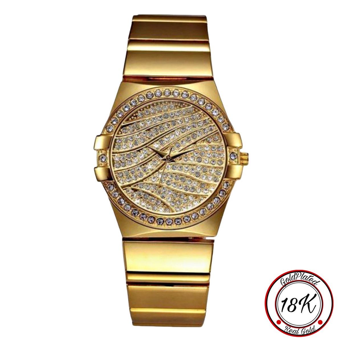 Borasi Full Zirkonia Bling Horloge | 18k Goldplated | Goud | RVS Stainless Steel | Inclusief Verstelsetje | Water Bestendig | Quartz | Vrouwen Horloge | Horloges Voor Vrouwen