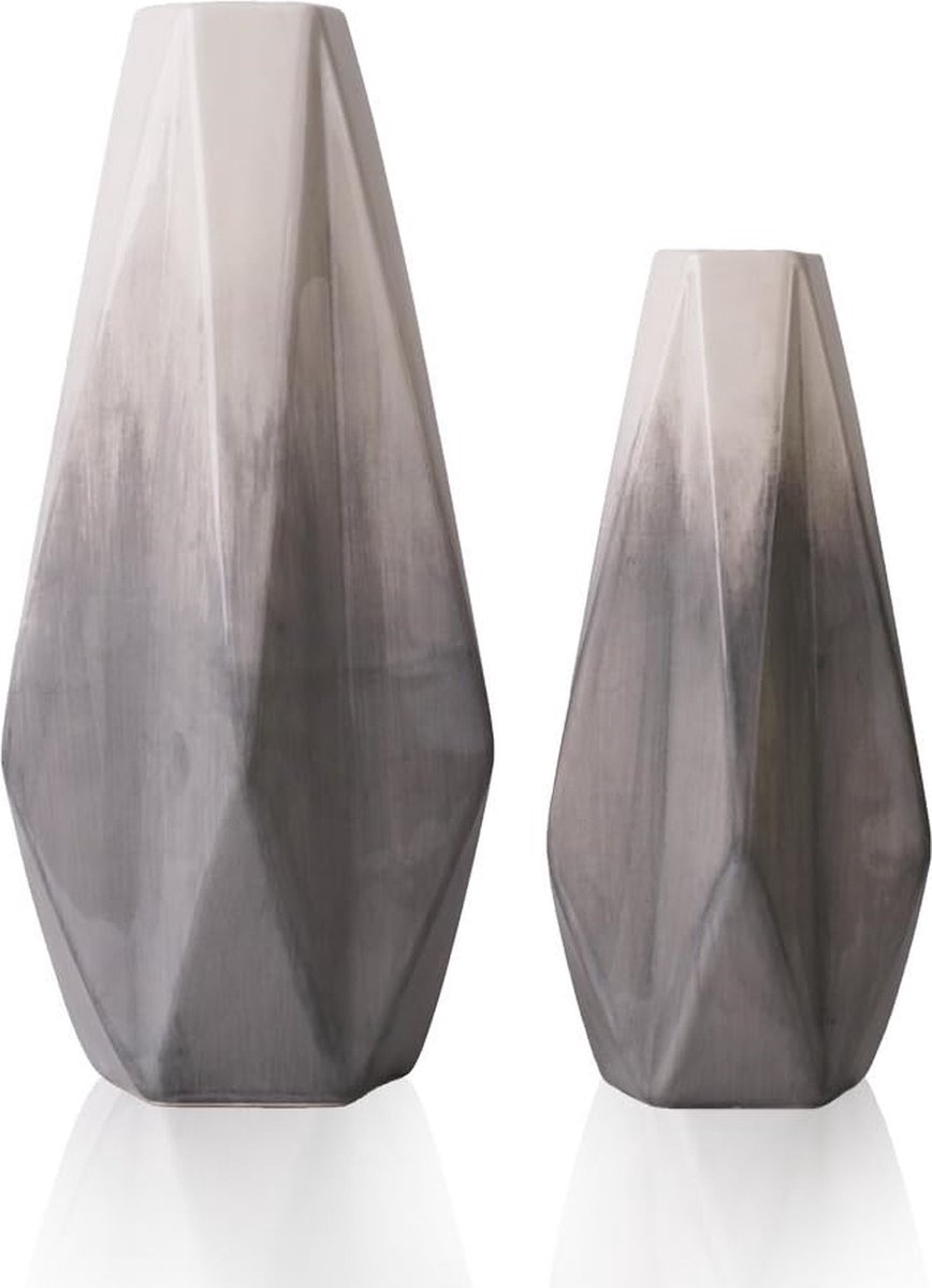 Keramische bloemenvazen, set van 2 grijze handgemaakte moderne geometrische decoratieve vaas voor woonkamer, keuken, tafel, thuis, kantoor, bruiloft, middelpunt of als een geschenk, 28 / 22cm