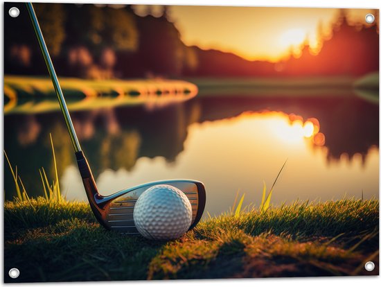 Tuinposter – Golf - Golfbal - Golfclub - Zonsondergang - Gras - Water - 80x60 cm Foto op Tuinposter (wanddecoratie voor buiten en binnen)