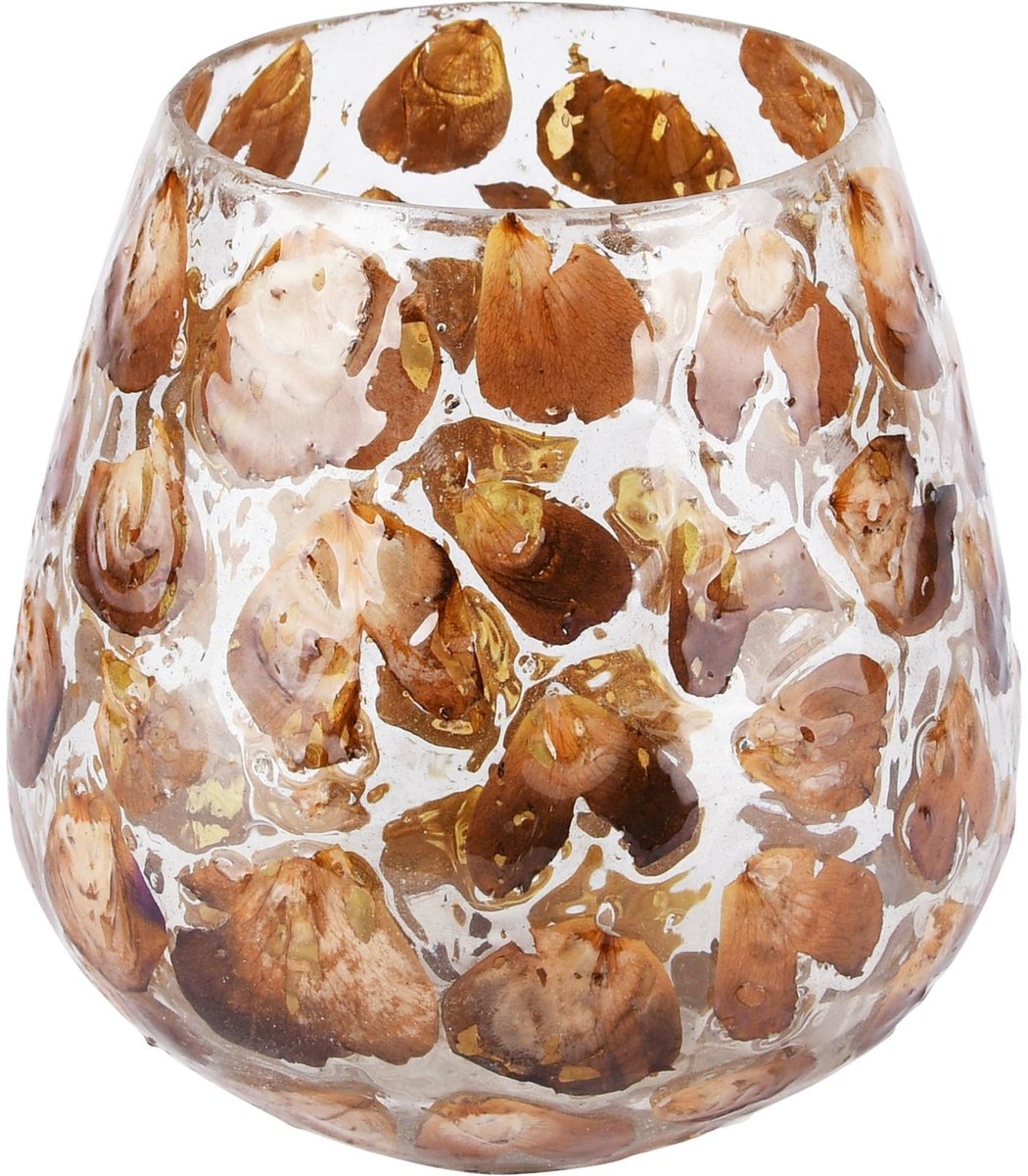 Windlicht / theelichthouder / waxinelichtjeshouder 'Fall Fest' - Beige / bruin / transparant - 13 x 13 x 13 cm hoog.