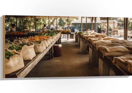 Hout - Markt - Groente - Fruit - Zakken - Mensen - 100x50 cm - 9 mm dik - Foto op Hout (Met Ophangsysteem)