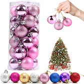 Kerstballen, boomversiering, glazen kerstballen, 24 stuks, decoratieve ballen, Kerstmis, mat, glanzend, glinsterend, decoratieve ballen voor feest, Kerstmis, bruiloftsfeest, kerstversiering (roze)
