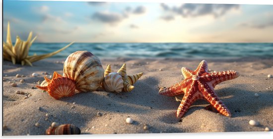 Dibond - Zeeschelpen en Zeesterren aan de Kust - 100x50 cm Foto op Aluminium (Wanddecoratie van metaal)