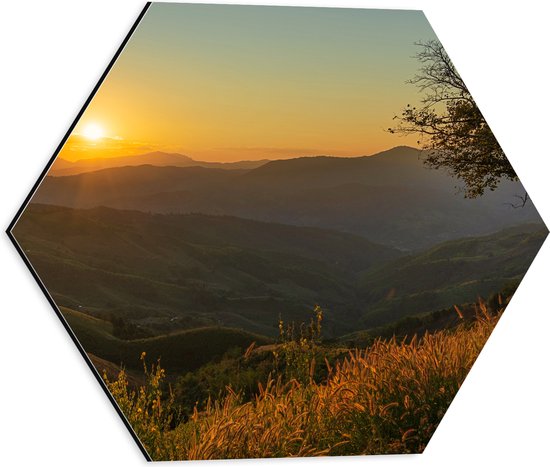 Dibond Hexagon - Zonsondergang in Groenkleurig Berggebied - 40x34.8 cm Foto op Hexagon (Met Ophangsysteem)