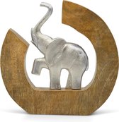Sculptuur "Lichtheid" - Moderne olifanten decoratieve figuur met de hand gemaakt van aluminium in mangohout - zilveren deco olifant van metaal in boomschijf 24 cm groot - decoratieve figuur als beeld met hout