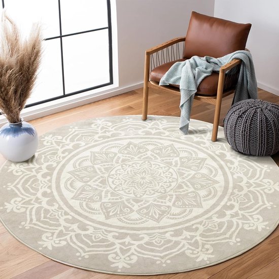 Tapis rond, 120 cm, tapis circulaire doux et moelleux, antidérapant, lavable, sol mandala bohème, tapis rond pour salon, chambre à coucher (gris)