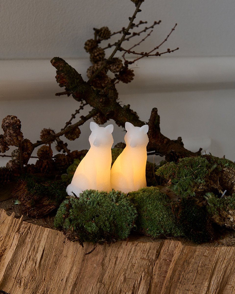 Sirius Edda vosjes LED lichtdecoratie najaar / kerst - set van 2 - wit - wax - 6 x 6 x 10 cm - op batterijen