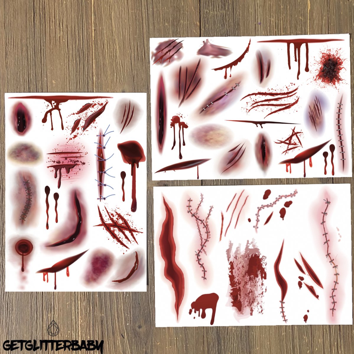 GetGlitterBaby® - Wonden Tattoos / Halloween Decoratie Versiering / Carnaval Schmink Make Up Plak Tattoos Bloed Grime / Tijdelijke Tattoo / Nep Tatoeage - Wond / Wonden - 3 stuks