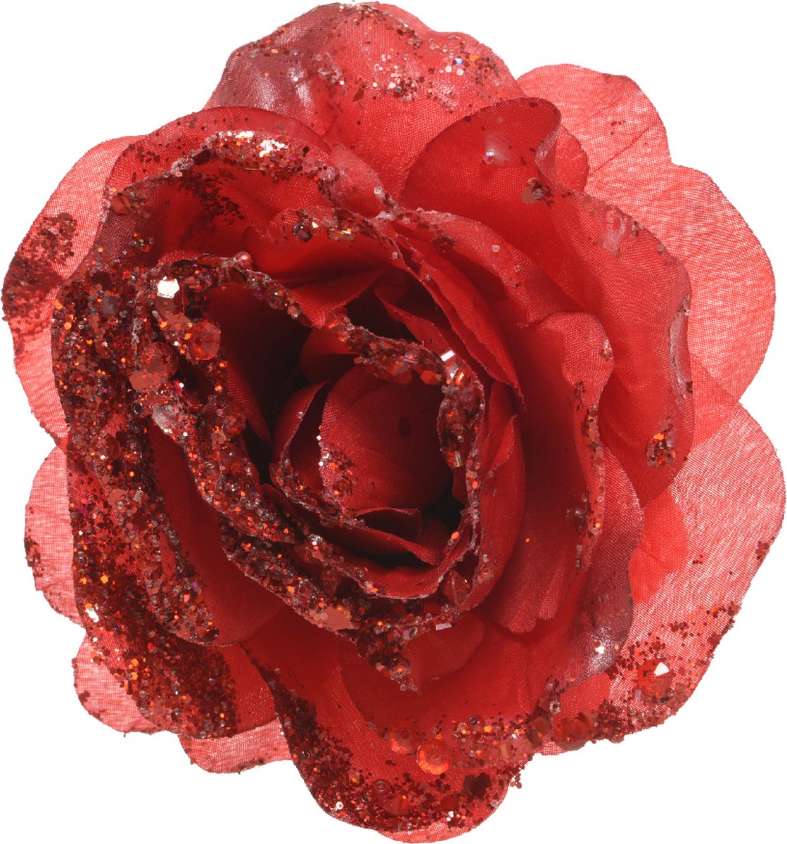 Decoris Decoratie roos - op clip - rood - 14 cm - kunststof - kerstbloemen - kerstboomversiering