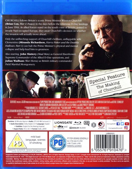 Achterkant van de Blu-ray hoes van de film Churchill, met tekst over de plot en cast.