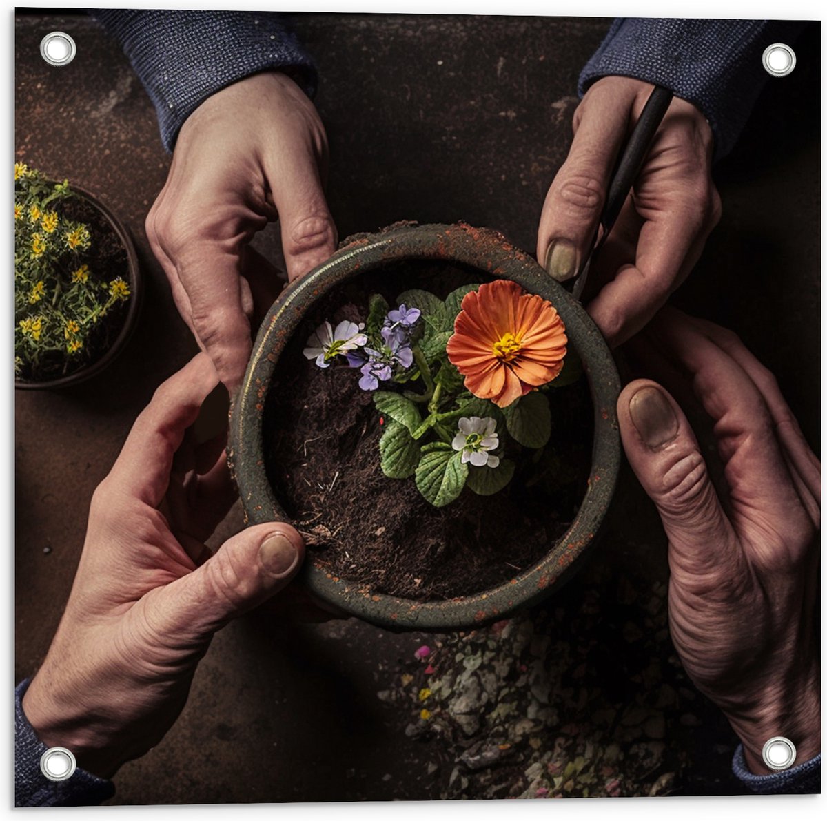 Tuinposter – Bloemen - Bloempot - Potgrond - Handen - 50x50 cm Foto op Tuinposter (wanddecoratie voor buiten en binnen)