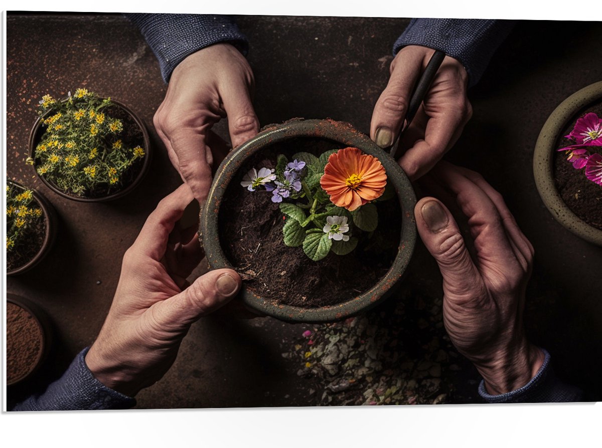 PVC Schuimplaat - Bloemen - Bloempot - Potgrond - Handen - 75x50 cm Foto op PVC Schuimplaat (Met Ophangsysteem)