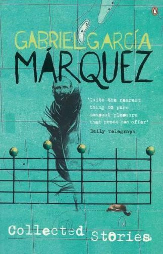 Livre 'Collected Stories' de Gabriel García Márquez, avec une illustration en noir et blanc d'un homme et d'une portée musicale.