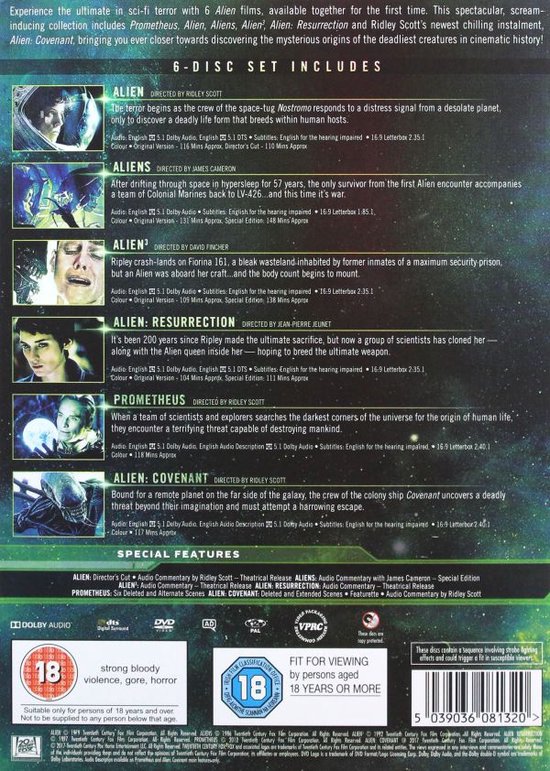 6-disc set met de Alien films. De achterkant toont de covers en filmtitels.