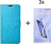 Bookcase Turquoise Geschikt voor Samsung Galaxy A25 - portemonnee hoesje met 3 stuk Glas Screen protector - ZT Accessoires