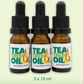 3x10ml Australische Tea Tree Oil, eigen import EU. In pipetflesjes. Puur en vers, organisch en biologisch.