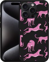 Cazy Hoesje Zwart geschikt voor iPhone 15 Pro Max Roze Cheeta's