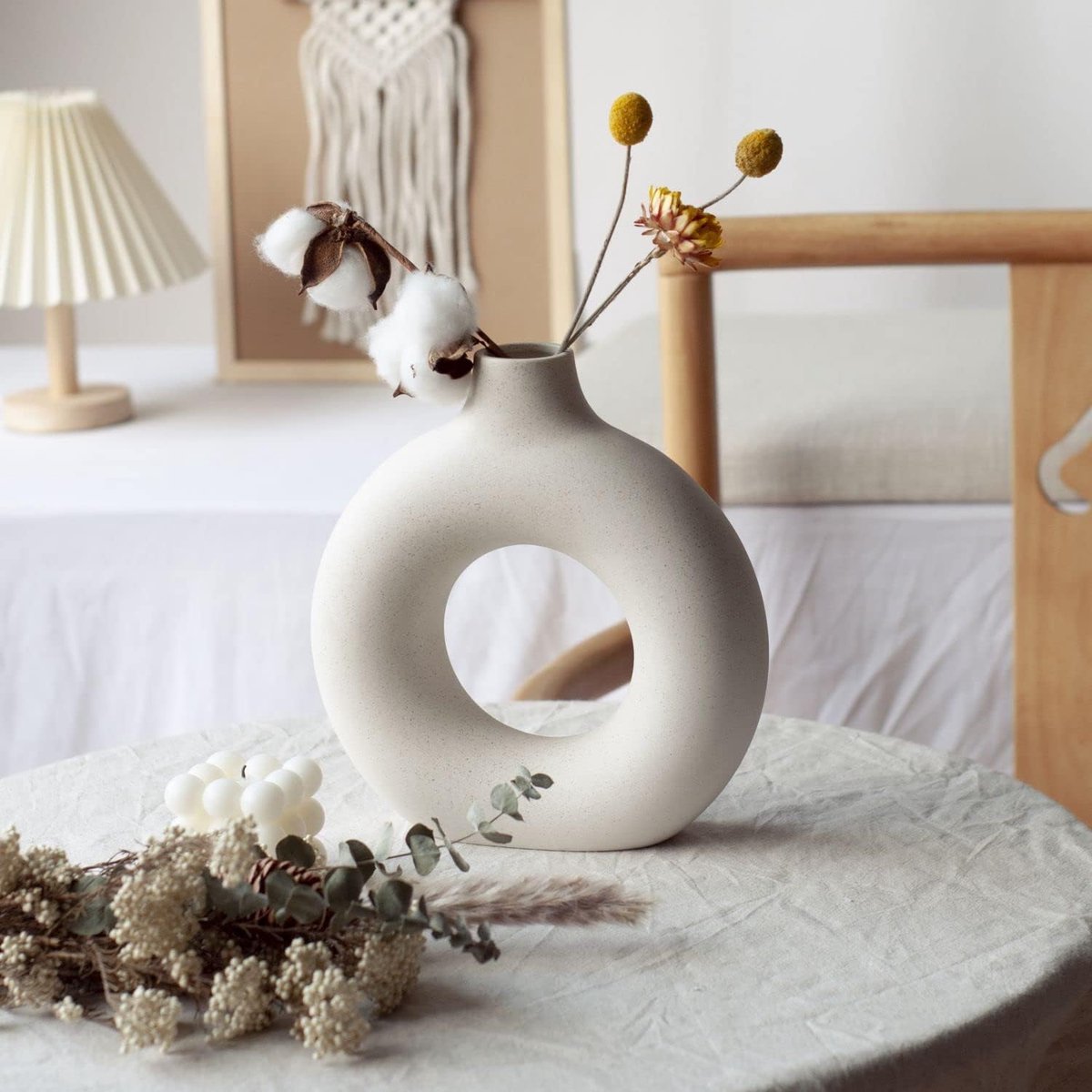 Flature Keramische donutvaas beige - handgemaakte ronde 20 cm hoge vaas voor pampasgras, droogbloemen en woonkamerdecoratie - moderne decoratie in Scandinavische stijl, boho mat (L