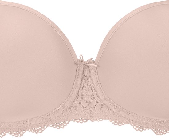 Avant d'un soutien-gorge beige avec dentelle et petit nœud au centre. Bonnets souples.