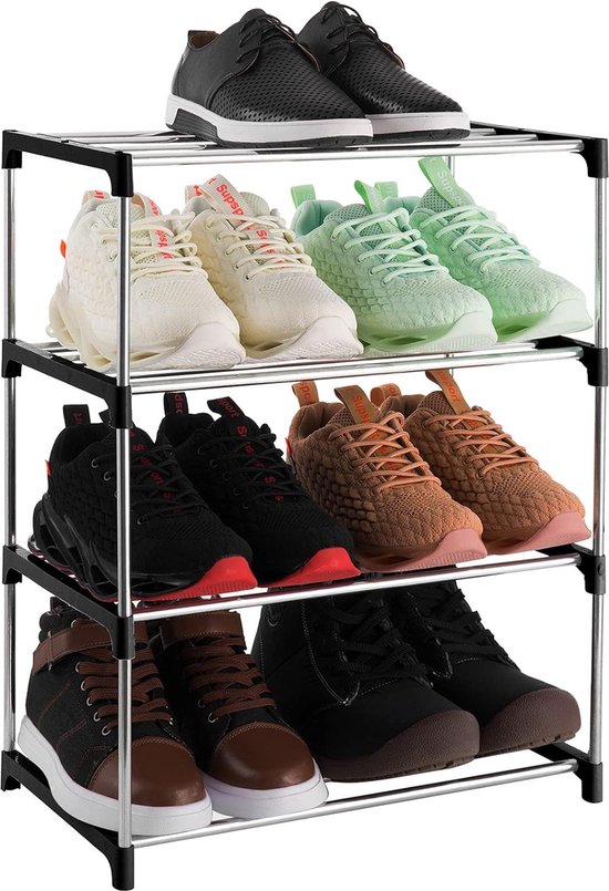 Klein schoenenrek met 4 niveaus, schoenenrek voor maximaal 8 paar schoenen voor entree/kast voor ruimtebesparende opslag (zwart)