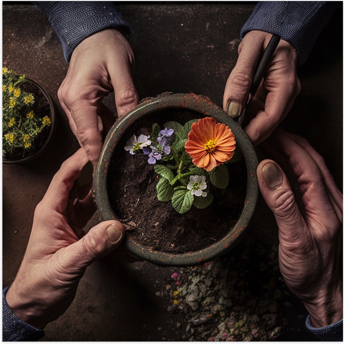 Poster (Mat) - Bloemen - Bloempot - Potgrond - Handen - 50x50 cm Foto op Posterpapier met een Matte look