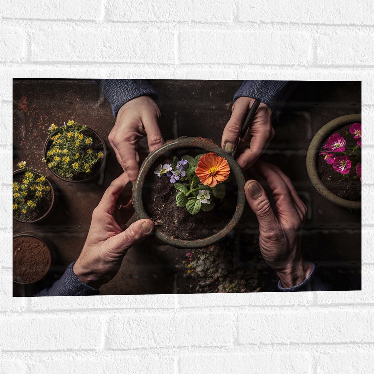 Muursticker - Bloemen - Bloempot - Potgrond - Handen - 60x40 cm Foto op Muursticker