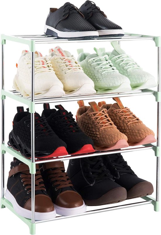 Klein schoenenrek met 4 niveaus, schoenenrek voor maximaal 8 paar schoenen voor entree/kast voor ruimtebesparende opslag (groen)