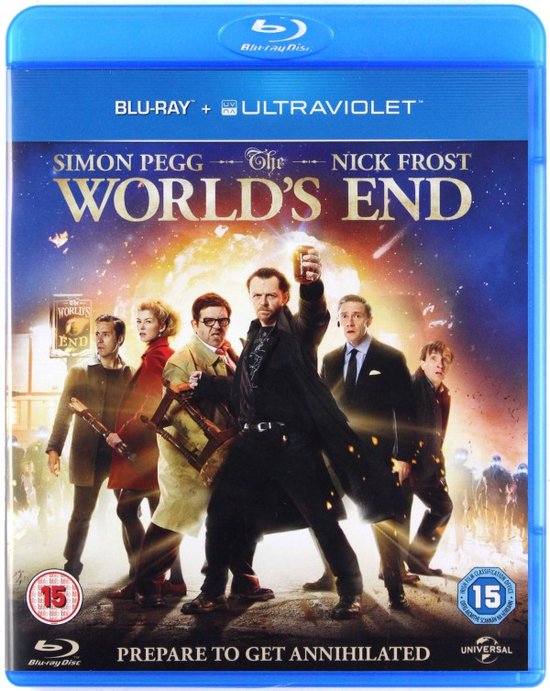 Voorkant van de Blu-ray hoes van The World's End, met de cast op de poster.