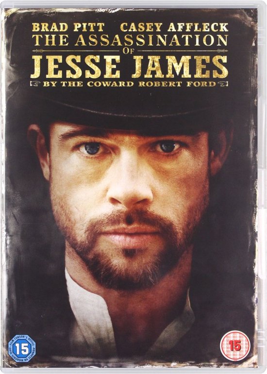 Brad Pitt met hoed en baard, met de tekst "The Assassination Of Jesse James".