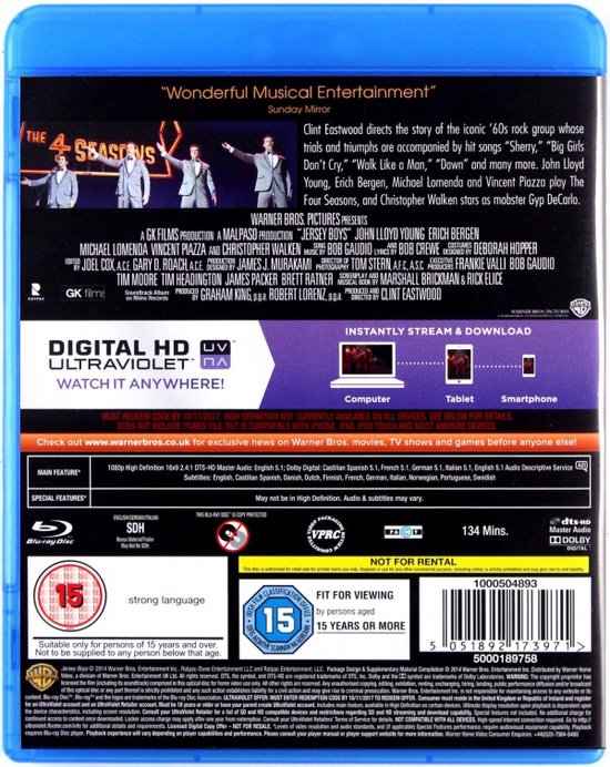 Achterkant van de Jersey Boys Blu-ray, met vier mannen in colberts staand voor een podium.