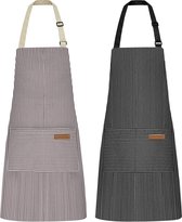 Set van 2 kookschort voor dames, keukenschort met 2 zakken voor koken, bakken, schilderen, huishoudelijk werk (zwarte krijtstrepen/bruine krijtstrepen)