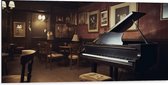 Dibond - Cafe - Tafels - Stoelen - Hout - Piano - Muziek - 100x50 cm Foto op Aluminium (Wanddecoratie van metaal)