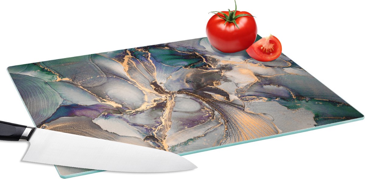 Glazen Snijplank - 39x28 - Goud - Blauw - Marmer - Snijplanken Glas