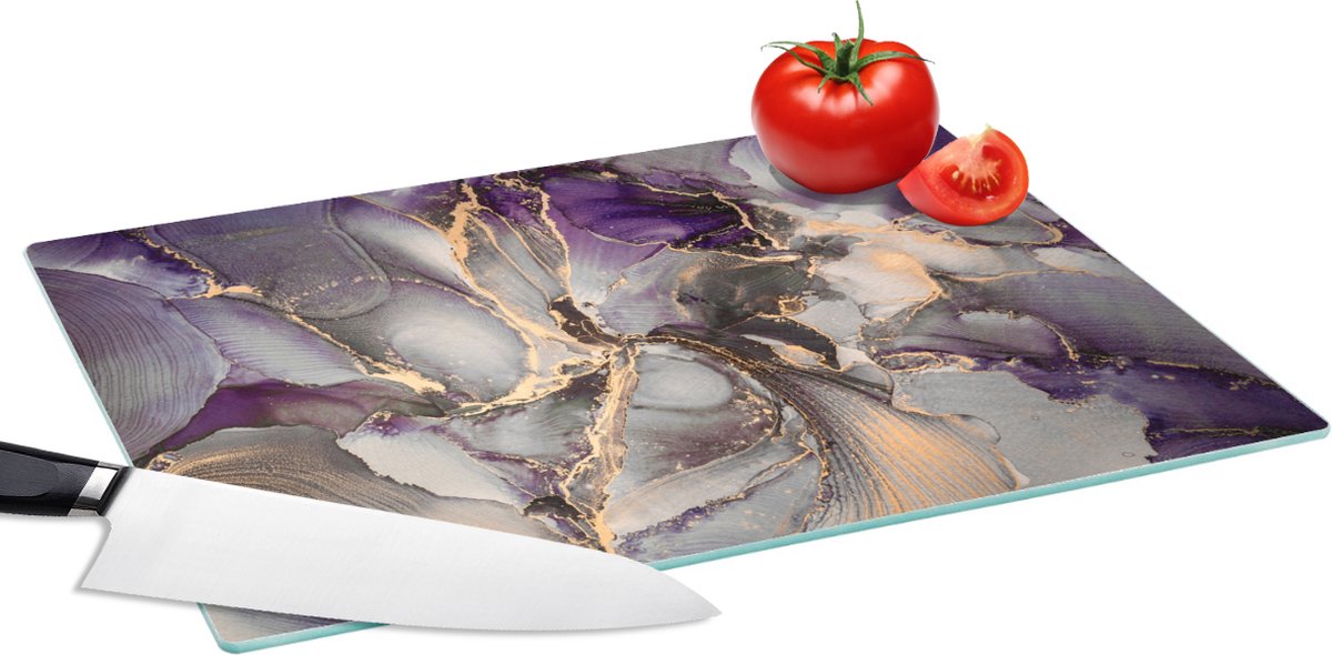 Glazen Snijplank - 39x28 - Goud - Paars - Marmer - Snijplanken Glas