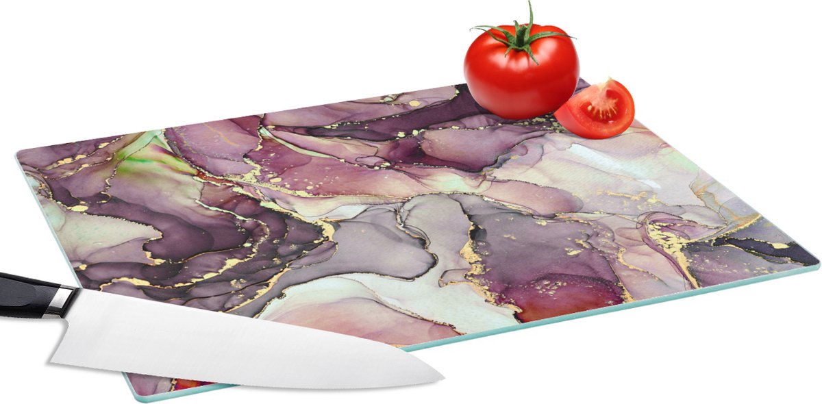Glazen Snijplank - 39x28 - Marmer - Rood - Paars - Goud - Snijplanken Glas