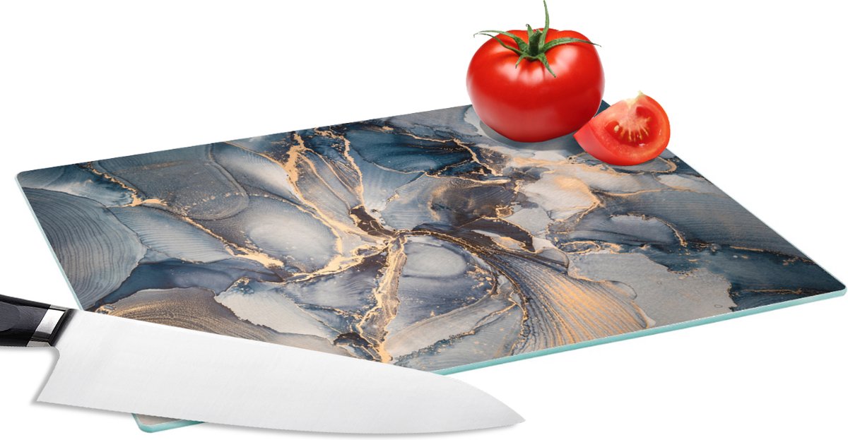 Glazen Snijplank - 28x20 - Marmer - Grijs - Blauw - Luxe - Goud - Snijplanken Glas