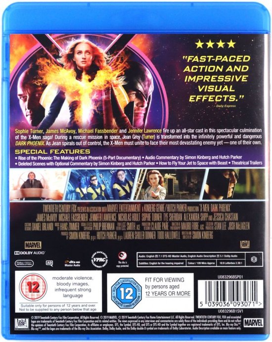 Blu-ray hoes van X-Men: Dark Phoenix met Jean Grey die haar krachten gebruikt, omringd door de andere X-Men.