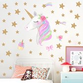 Muursticker Unicorn met sterren gouden glitter look | Unicorn sterren cupcake regenboog Sticker | Kinderkamer | Jongens - meisje | Verwijderbaar - zelfklevend plakfolie | Huis inrichting | Stickerkamer®