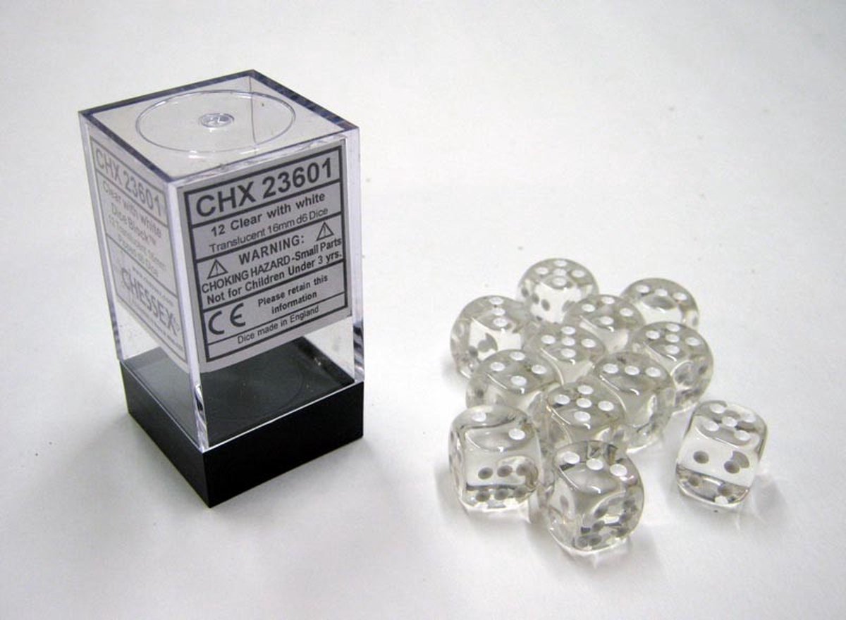 Chessex doorschijnend helder/wit D6 16mm Dobbelsteenset (12 stuks)