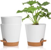 Kunststof bloempot met bewateringssysteem, set van 3 zelfbewaterende potten met onderzetter, ronde plantenpot voor binnen en balkon, tuin, planten, vetplanten, cactus, wit