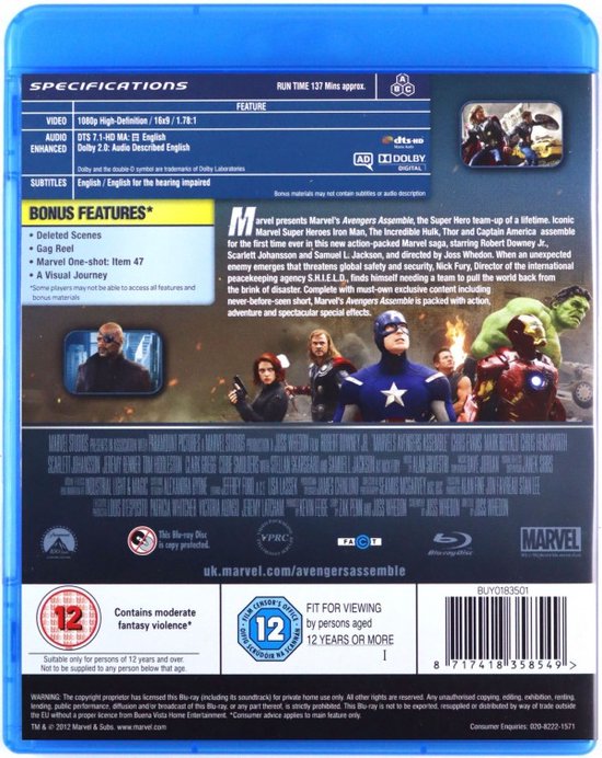 Achterkant Blu-ray hoes Marvel Avengers Assemble met details over de film en bonusfeatures.
