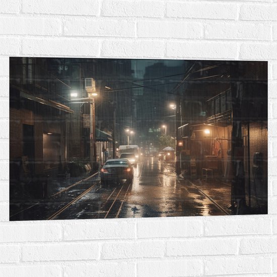 Muursticker - Avond - Regen - Auto - Lichten - 90x60 cm Foto op Muursticker