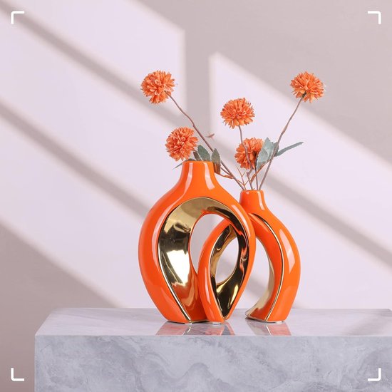 Lot De 2 Vases Bohème En Céramique Creux - Déco Table Mariage, Salon - Noir Et Doré - Grand Et Petit - Cadeau Élégant